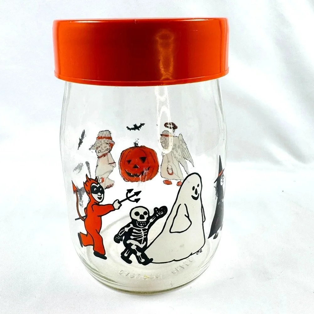 Vintage Carlton Glass Halloween 1L Canister Jar Orange Lid Kids Costumes USA